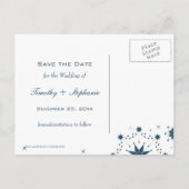 ネイビーブルースノーフレーク冬の結婚式は日付を保存 案内ポストカード (裏面)