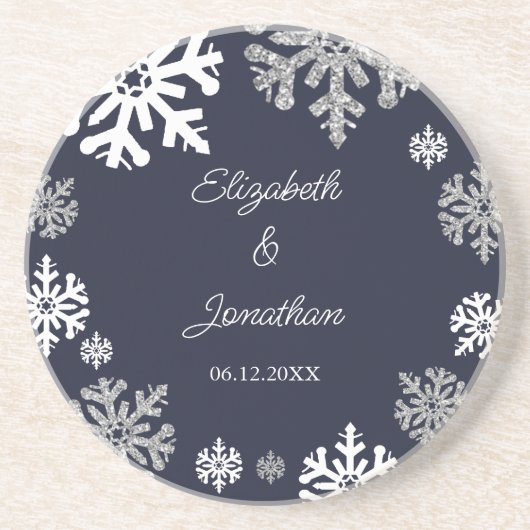 ネイビーブルースノーフレーク冬の結婚式 コースター (正面)