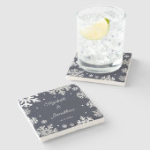 ネイビーブルースノーフレーク冬の結婚式 ストーンコースター (横)