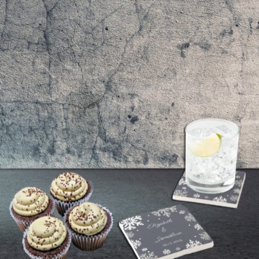 ネイビーブルースノーフレーク冬の結婚式 ストーンコースター