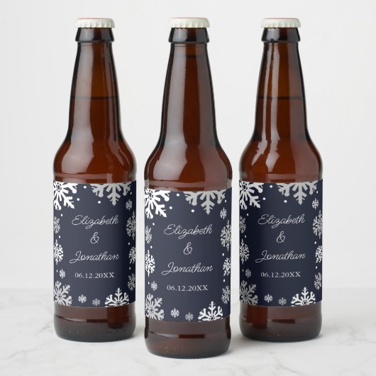 ネイビーブルースノーフレーク冬の結婚式 ビールラベル (ボトル)