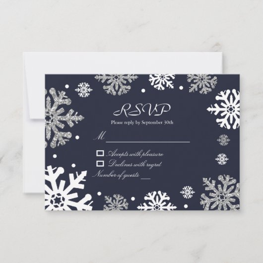 ネイビーブルースノーフレーク冬の結婚式 出欠カード (正面)