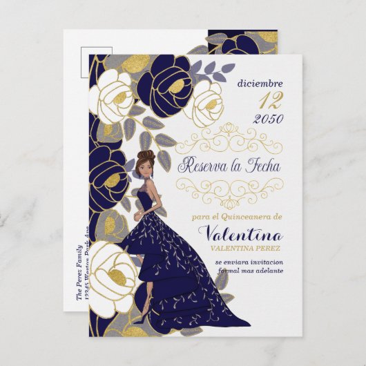 ネイビーブルースペインのフローラクインカネラ日付を保存 案内ポストカード (正面/裏面)