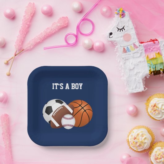ネイビーブルースポーツベビーシャワー男の子 ペーパープレート (パーティー)