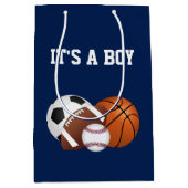ネイビーブルースポーツベビーシャワー男の子 ミディアムペーパーバッグ