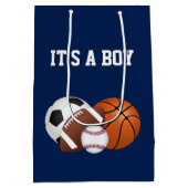 ネイビーブルースポーツベビーシャワー男の子 ミディアムペーパーバッグ (裏面)