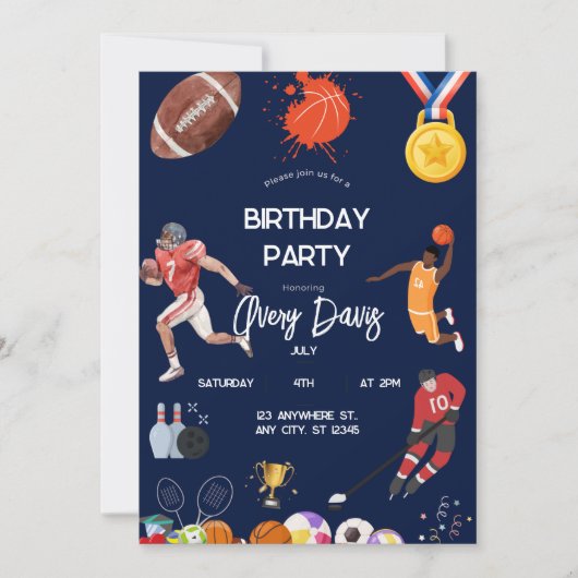 ネイビーブルースポーツボーイズ誕生日招待状 招待状 (正面)