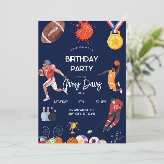 ネイビーブルースポーツボーイズ誕生日招待状 招待状 (スタンド正面)