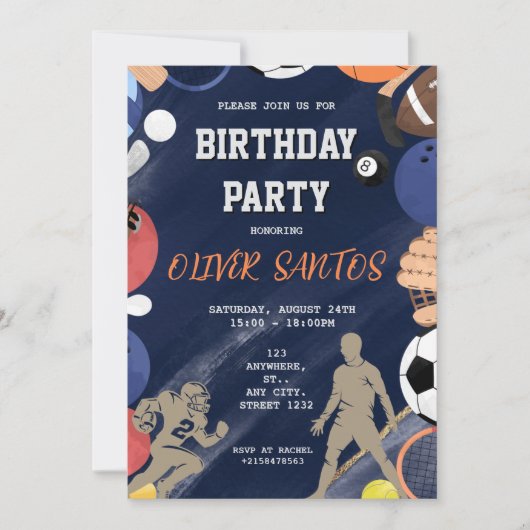 ネイビーブルースポーツボーイズ誕生日 招待状 (正面)