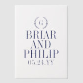 ネイビーブルースレンダーローレルリースモノグラム結婚ズ ベラム紙招待状 (正面)