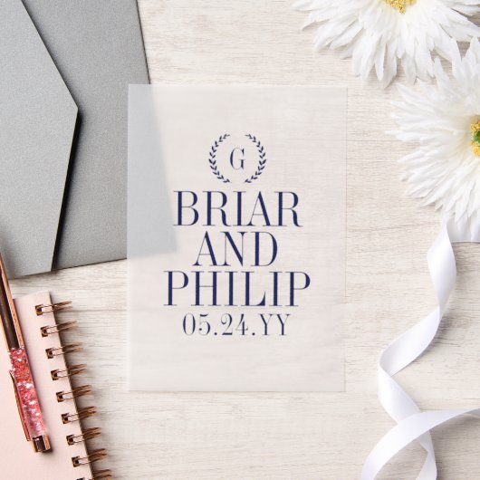 ネイビーブルースレンダーローレルリースモノグラム結婚ズ ベラム紙招待状 (ウェディング)