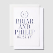 ネイビーブルースレンダーローレルリースモノグラム結婚ズ ベラム紙招待状 (オフセット)