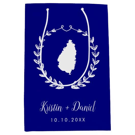 ネイビーブルーセントルシアの地図結婚の歓迎スワッグ ミディアムペーパーバッグ (正面)