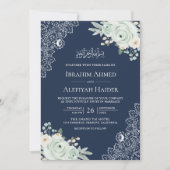 ネイビーブルーセージグリーンフローラレースムスリム結婚ズ 招待状 (正面)