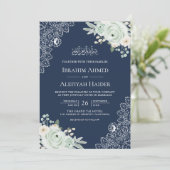 ネイビーブルーセージグリーンフローラレースムスリム結婚ズ 招待状 (スタンド正面)