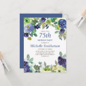 ネイビーブルーセージグリーンフローラ75thバースデーパーティー カード (正面/裏面インサイチュ)