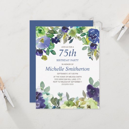 ネイビーブルーセージグリーンフローラ75thバースデーパーティー カード (正面/裏面インサイチュ)