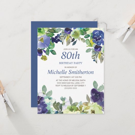 ネイビーブルーセージグリーンフローラ80thバースデーパーティー カード (正面/裏面インサイチュ)
