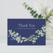 ネイビーブルーセージEucalyptusグリーンモダンリー サンキューカード (スタンド正面)