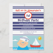 ネイビーブルーセーラーボーイ&セーラーボート第1誕生日 招待状 (正面)