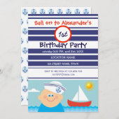 ネイビーブルーセーラーボーイ&セーラーボート第1誕生日 招待状 (正面/裏面)