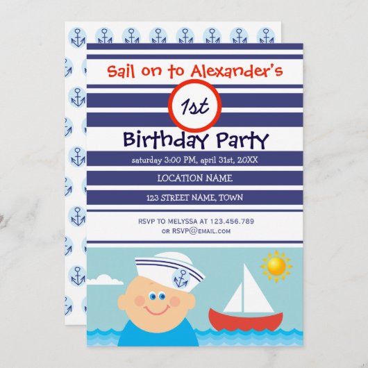 ネイビーブルーセーラーボーイ&セーラーボート第1誕生日 招待状 (正面/裏面)