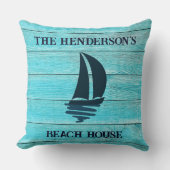 ネイビーブルーセーリングボートファミリーネームビーチハウス クッション (正面)