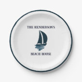 ネイビーブルーセーリングボート航海のビーチハウスパーティー ペーパープレート (正面)