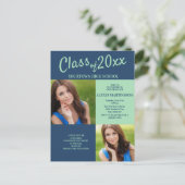 ネイビーブルーソフトグリーン卒業パーティフォト招待状 ポストカード (スタンド正面)