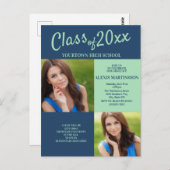 ネイビーブルーソフトグリーン卒業パーティフォト招待状 ポストカード (正面/裏面)