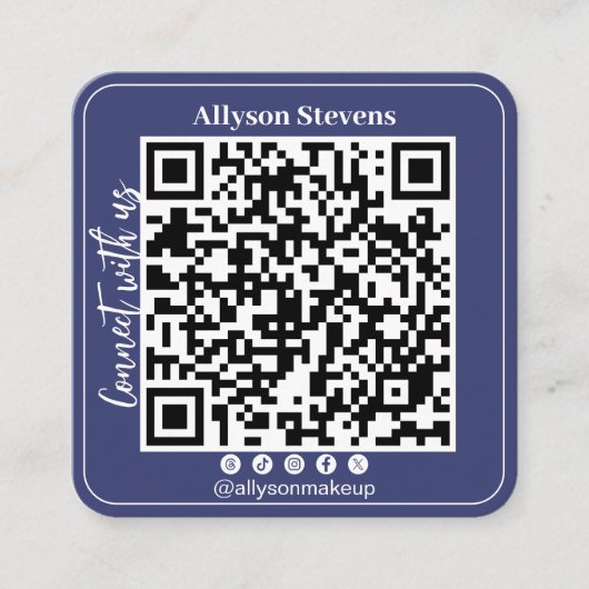 ネイビーブルーソーシャルメディアQRコードフォトロゴ スクエア名刺 (正面)