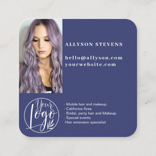 ネイビーブルーソーシャルメディアQRコードフォトロゴ スクエア名刺 (裏面)