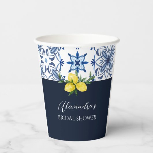 ネイビーブルータイタリアンイルイエローレモンブライダルシャワー 紙コップ (裏面)