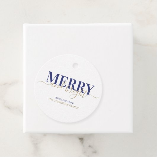 ネイビーブルータイポグラフィメリーと明るいクリスマス フェイバータグ (インサイチュ)