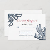 ネイビーブルータコサンゴ航海のビーチ結婚式 出欠カード (正面/裏面)