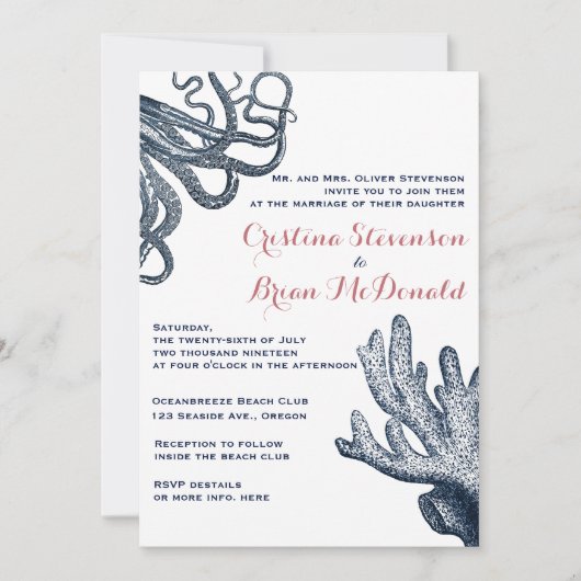 ネイビーブルータコサンゴ航海のビーチ結婚式 招待状 (正面)