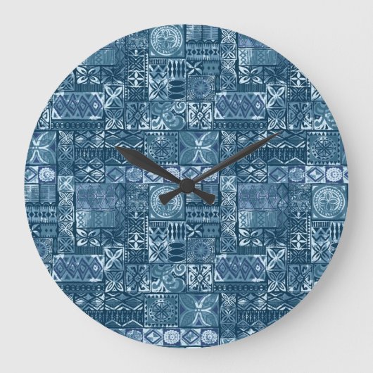 ネイビーブルータパ:トライバルファブリック抽象芸術 ラージ壁時計 (正面)