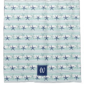 ネイビーブルーターコイズスターフィッストライプのシュ シャワーカーテン (正面)