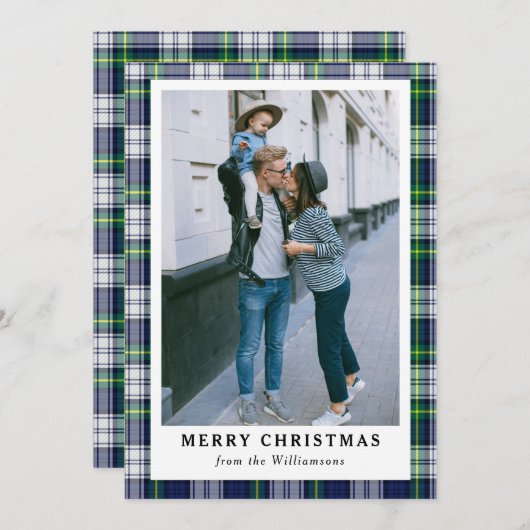 ネイビーブルータータンチェックプレイドフォトメリークリスマスカード シーズンカード (正面/裏面)