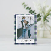 ネイビーブルータータンチェックプレイドフォトメリークリスマスカード シーズンポストカード (スタンド正面)