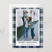 ネイビーブルータータンチェックプレイドフォトメリークリスマスカード シーズンポストカード (正面/裏面)