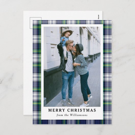 ネイビーブルータータンチェックプレイドフォトメリークリスマスカード シーズンポストカード (正面/裏面)