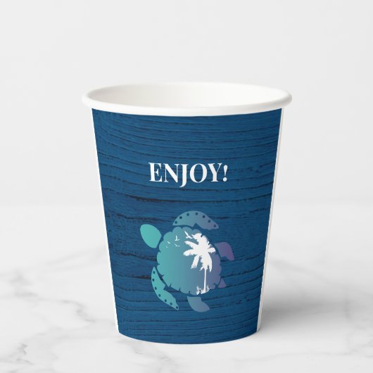 ネイビーブルータートルウッド素朴ファミリービーチハウス 紙コップ (裏面)