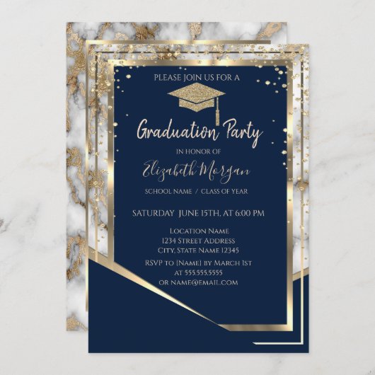 ネイビーブルーダイアモンズ金ゴールドグラッドキャップマーブル卒業 招待状 (正面/裏面)