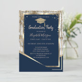 ネイビーブルーダイヤモンド ゴールド 卒業帽 マーブル 卒業 招待状 (スタンド正面)