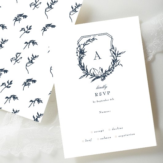 ネイビーブルーダスティバラヴィンテージフローラモノグラムクレスト 出欠カード