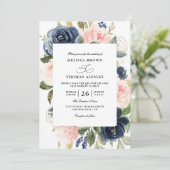 ネイビーブルーダスティフラワーの予算QRコード ウェディング 招待状 (スタンド正面)