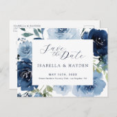 ネイビーブルーダスティブルーフローラ結婚式の日付を保存 案内ポストカード (正面/裏面)