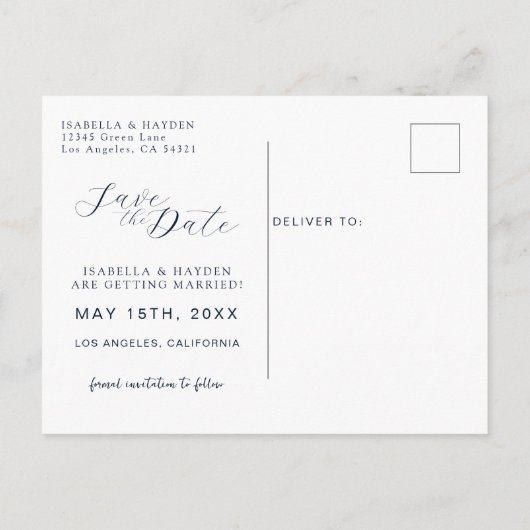 ネイビーブルーダスティブルーフローラ結婚式の日付を保存 案内ポストカード (裏面)