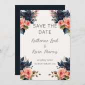 ネイビーブルーダスティーバラフローラ日付の結婚保存 招待状 (正面/裏面)